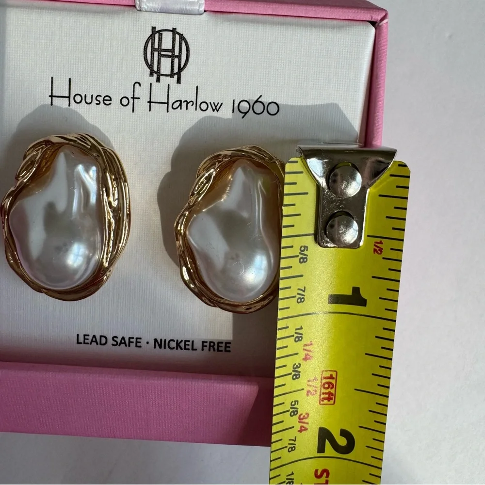 House of Harlow 1960 Faux Baroque Pearl Gold Tone Statement Stud Earrings NIB